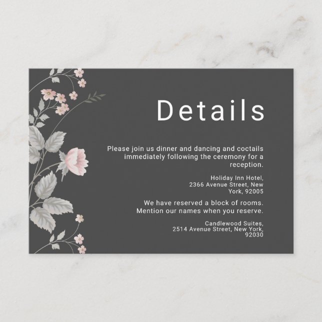Cartão De Informações Casamento Floral Rosa Elegante e Cinza Escuro (Frente)