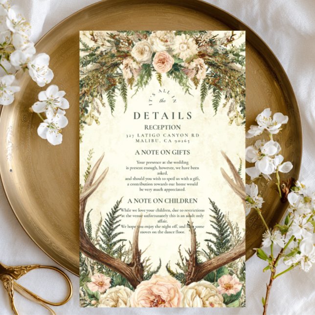 Cartão De Informações Casamento Floral Rustic Antler Woodland (Criador carregado)