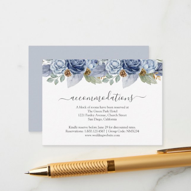 Cartão De Informações Casamento Floral Rustic Blue Winter (Frente/Verso In Situ)