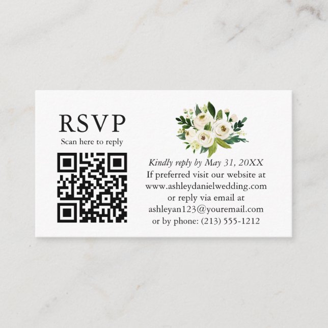 Cartão De Informações Casamento Floral Verde e Branco em Aquarela QR RSV (Frente)