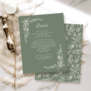 Cartão De Informações Casamento Floral Vintage em Verde Sage Elegante