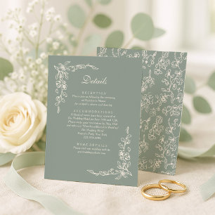 Cartão De Informações Casamento Floral Vintage em Verde Sálvia Elegante