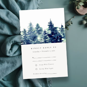 Cartão De Informações Casamento Floresta de Pinheiros de Inverno Aguarel