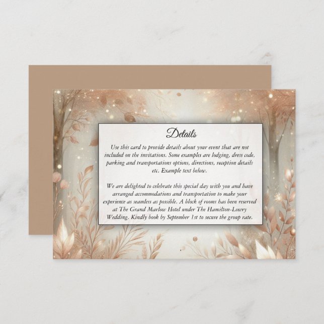 Cartão De Informações Casamento Florestal Encantado de ouro Rosewood (Frente/Verso)