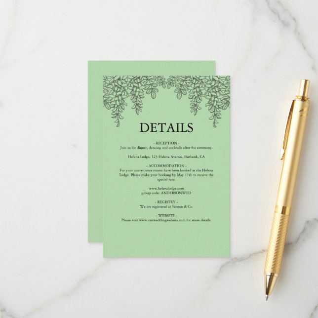 Cartão De Informações Casamento Folha de Samambaia Verde Salvia (Frente/Verso In Situ)