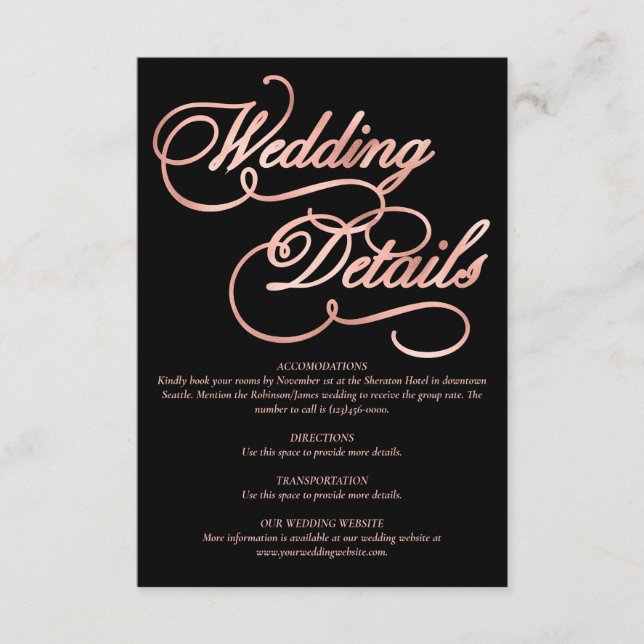 Cartão De Informações Casamento Formal da Caligrafia Dourada Rosa Black  (Frente)