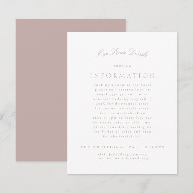 Cartão De Informações Casamento Formal Elegante Clássico de Taupe Rosa (Frente/Verso)