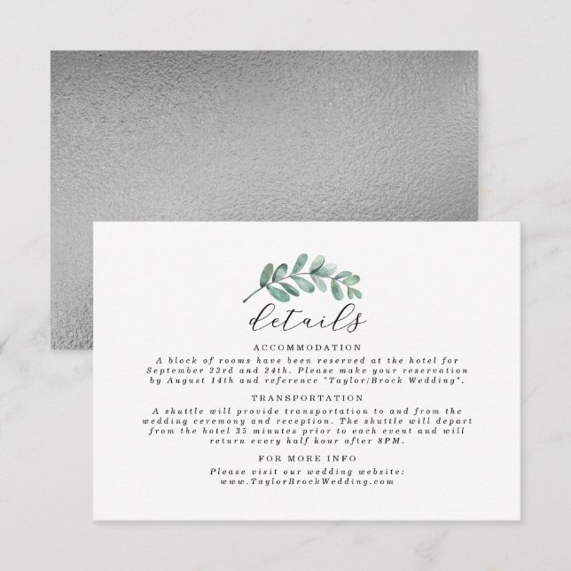 Cartão De Informações Casamento Geométrico de Folha de Prata Eucalyptus (Frente/Verso)