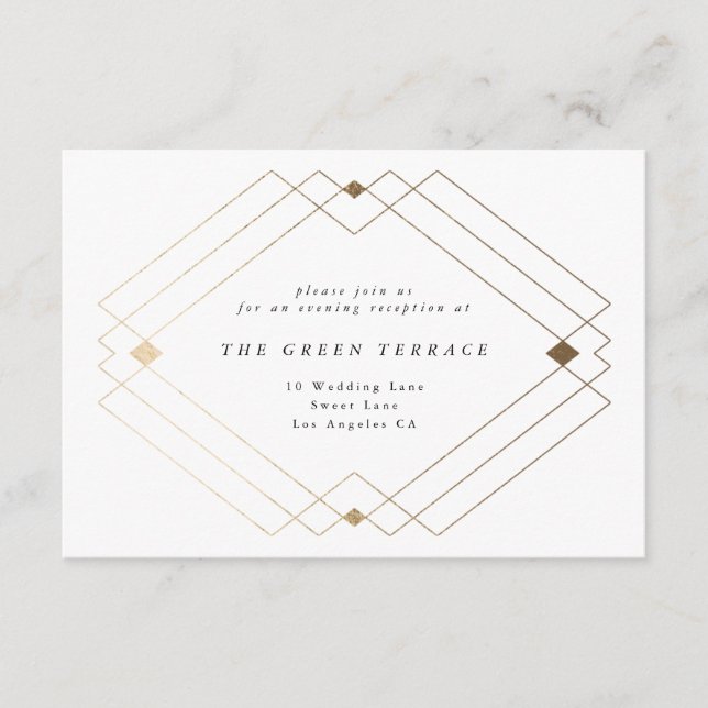 Cartão De Informações Casamento Geométrico Deco Gatsby Dourado com Branc (Frente)