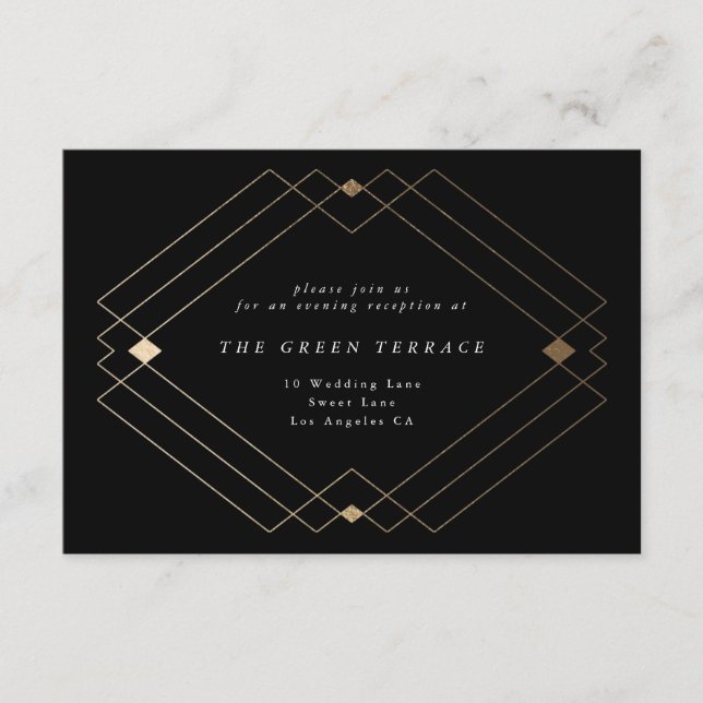 Cartão De Informações Casamento Geométrico Deco Gatsby Dourado Negro Dia (Frente)