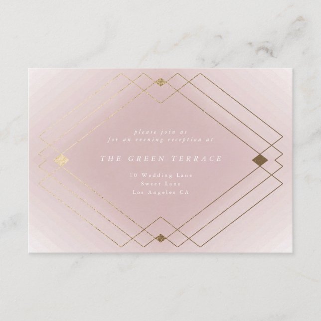 Cartão De Informações Casamento Geométrico Deco Gatsby Dourado Rosa-Rosa (Frente)