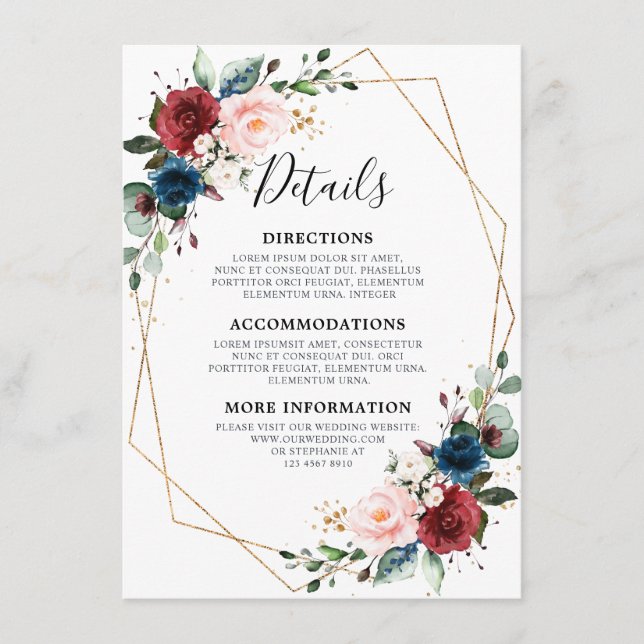 Cartão De Informações Casamento Geométrico Dourado Floral Blush Marinho  (Frente)