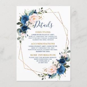 Cartão De Informações Casamento Geométrico Floral Azul Naval Romântico