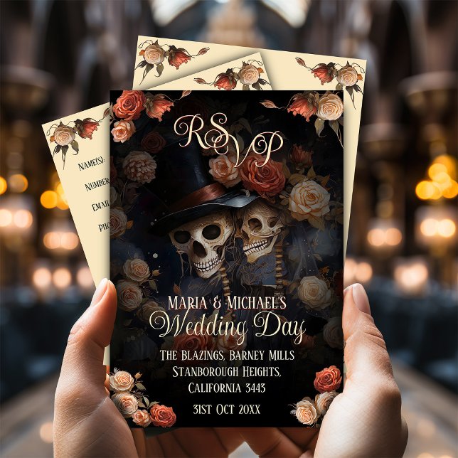 Cartão De Informações Casamento Gótico de Kissing de Código QR Skeletons (Simple RSVP for your gothic wedding based on flirtatious kissing skeletons.)