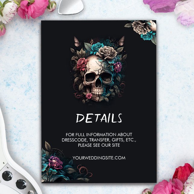 Cartão De Informações Casamento Gótico Roll e Tatuagem do Crânio (Skull Wedding Invitation With Enclosure Card)