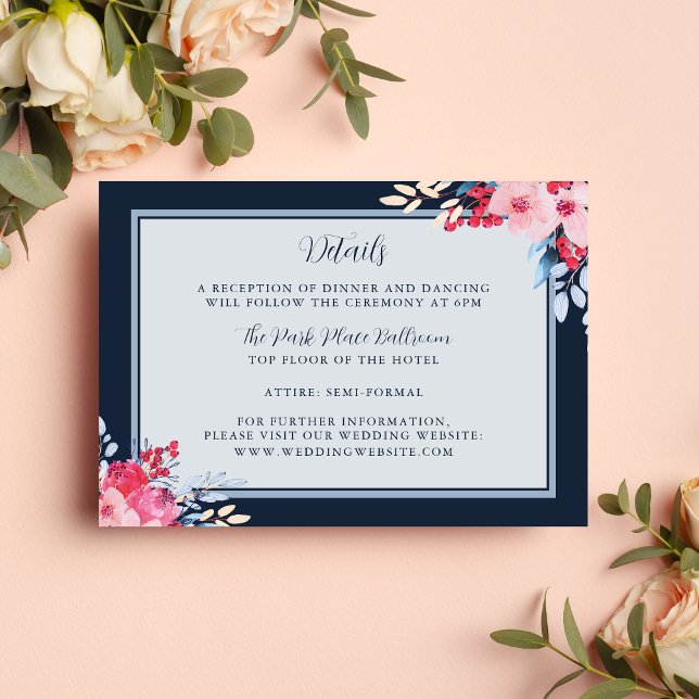 Cartão De Informações Casamento Gracioso, Rosa Floral e Azul Dusty (Criador carregado)