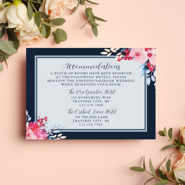 Cartão De Informações Casamento Gracioso, Rosa Floral e Azul Dusty (Criador carregado)