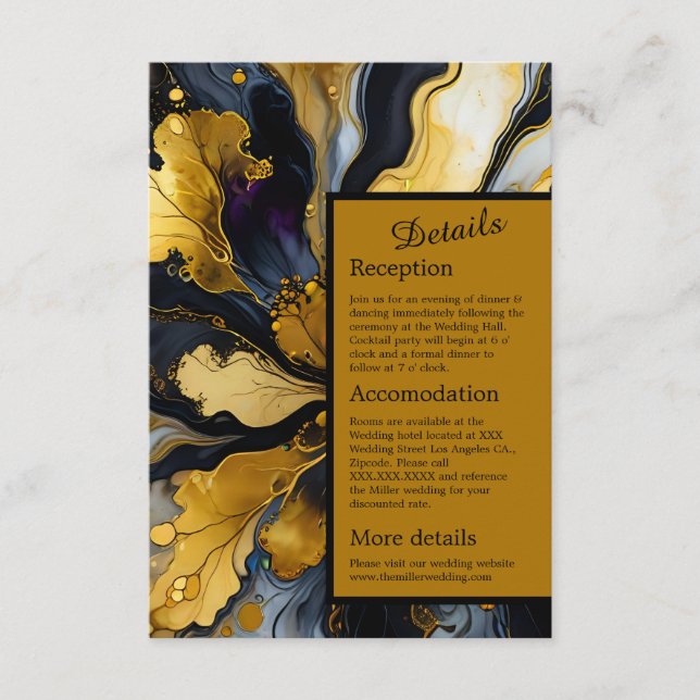 Cartão De Informações Casamento luxuoso e elegante em preto e dourado (Frente)