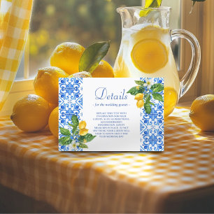 Cartão De Informações Casamento mediterrânico de azulejos azuis e limões