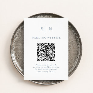 Cartão De Informações Casamento Minimalista Chic com Código QR Azul Poei