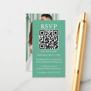 Cartão De Informações Casamento Minimalista QR Foto Neo Verde Menta RSVP