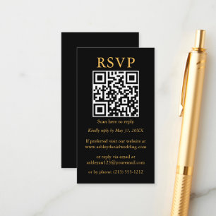 Cartão De Informações Casamento Minimalista Simples QR Preto RSVP Dourad