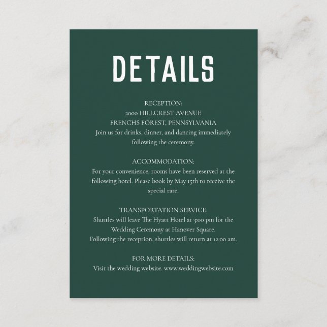 Cartão De Informações Casamento Mínimo Moderno Emerald Green (Frente)