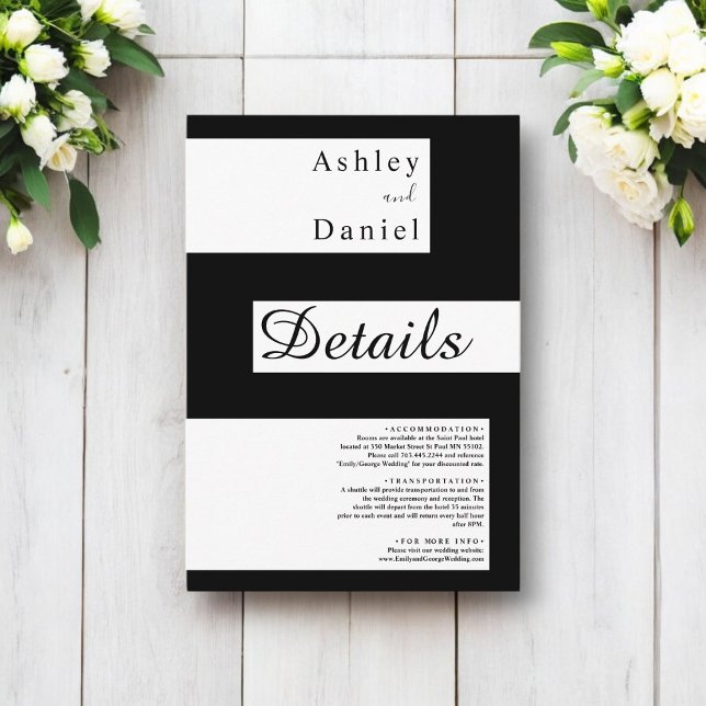 Cartão De Informações Casamento Mínimo Negro E Branco Moderno Elegante (Criador carregado)