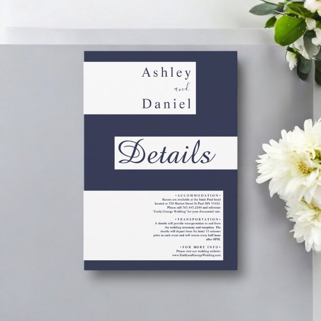 Cartão De Informações Casamento Moderno Branco Azul-Marinho Mínimo Elega (Criador carregado)