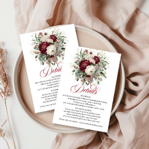 Cartão De Informações Casamento Moderno Burgundy Floral Eucalipto Dourad