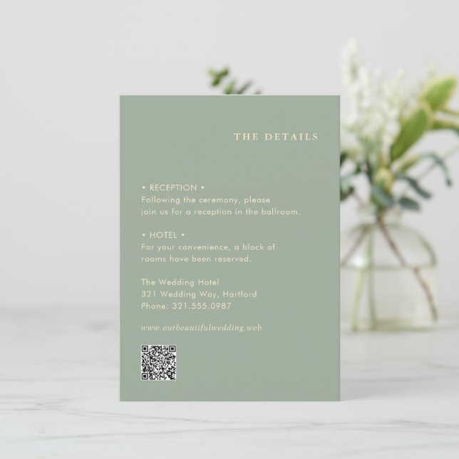 Cartão De Informações Casamento Moderno Código QR Simples Verde Sage (Em pé/Frente)