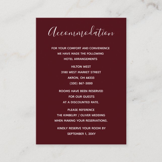 Cartão De Informações Casamento Moderno da Caligrafia Simples Burgundy (Frente)