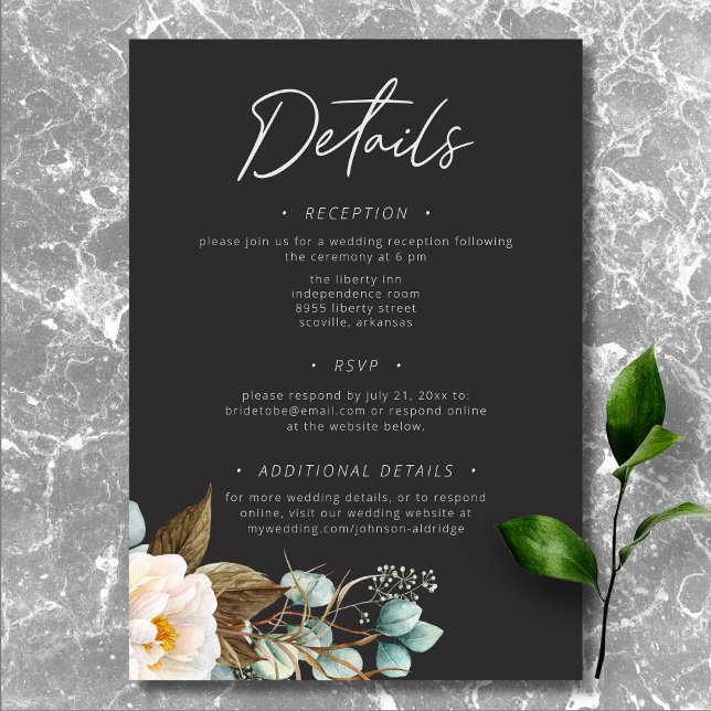 Cartão De Informações Casamento Negra de Peões Brancos Modernos Elegante (Modern Elegant White Peonies Black Wedding Enclosure Card)