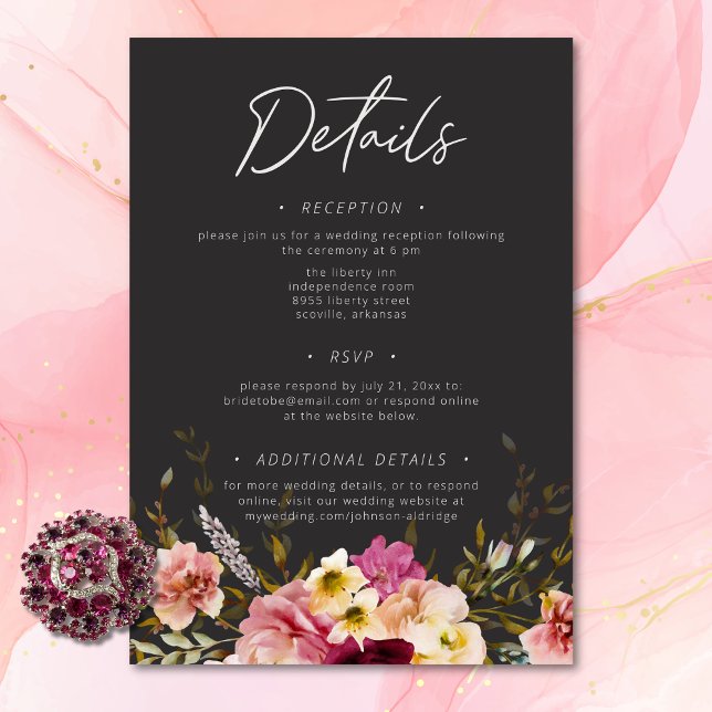 Cartão De Informações Casamento Negra Floral do Verão Elegante Moderno (Modern Elegant Summer Meadow Floral Black Wedding Enclosure Card)