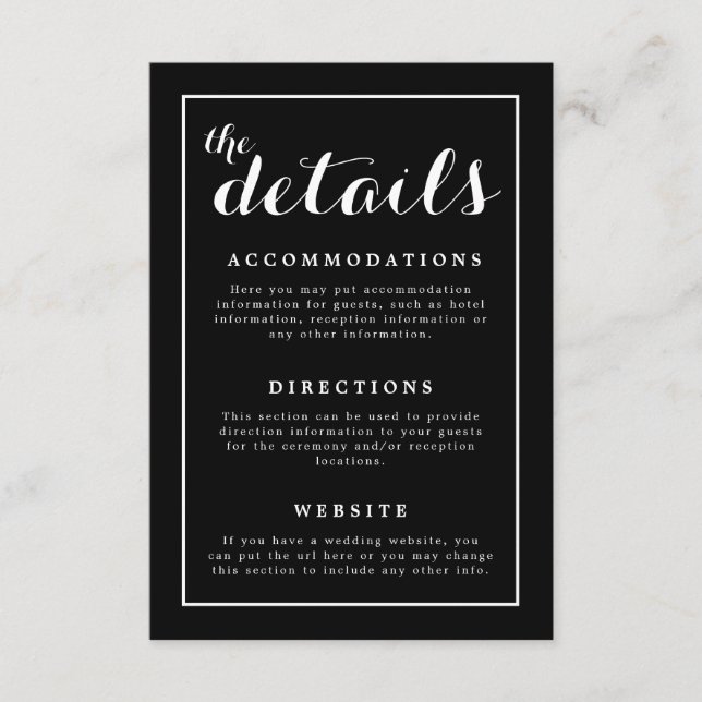 Cartão De Informações Casamento Negro e Branco Elegante Clássico (Frente)