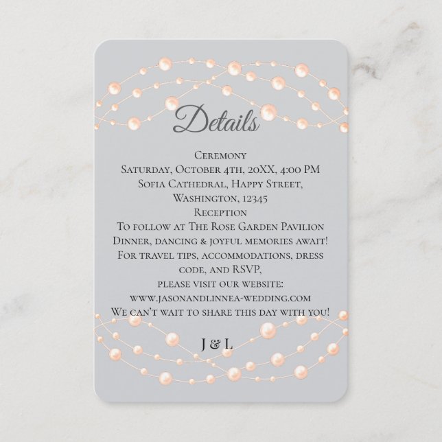 Cartão De Informações Casamento Neutro de Pérola Romântica Pearl Moderna (Frente)
