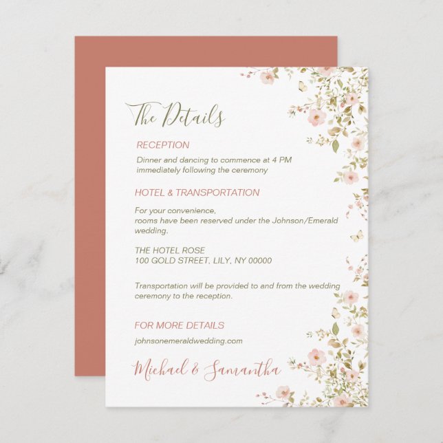 Cartão De Informações Casamento no País da Rosa Selvagem (Frente/Verso)