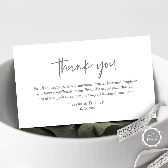 Cartão De Informações Casamento Obrigado, moderno e simples gabinete de  (Wedding Thank you card, in modern casual script, dark grey design)