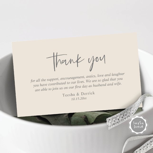 Cartão De Informações Casamento Obrigado, moderno e simples gabinete de  (Wedding Thank you card, in modern casual script, dark grey and cream design)