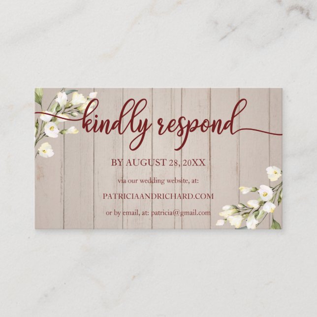 Cartão De Informações Casamento Online RSVP White Floral Rustic Wood Enc (Frente)