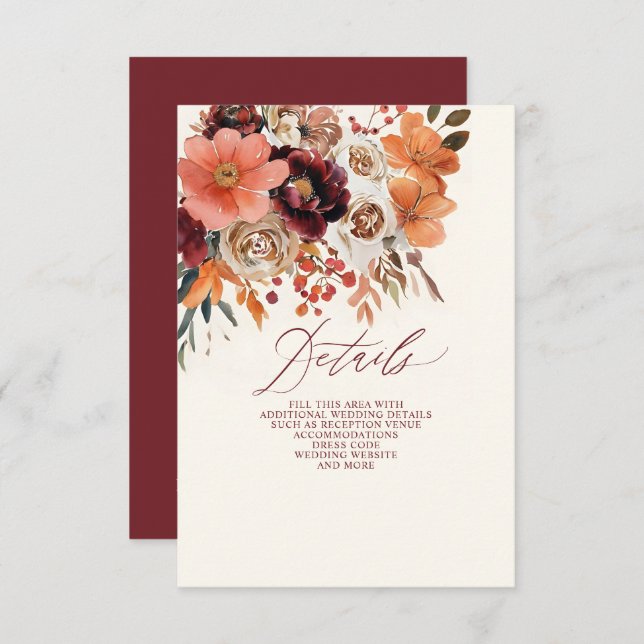Cartão De Informações Casamento outono Floral Laranja Burgundy (Frente/Verso)