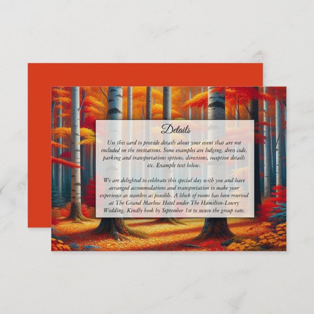 Cartão De Informações Casamento outono Rustic Birch Tree (Frente/Verso)