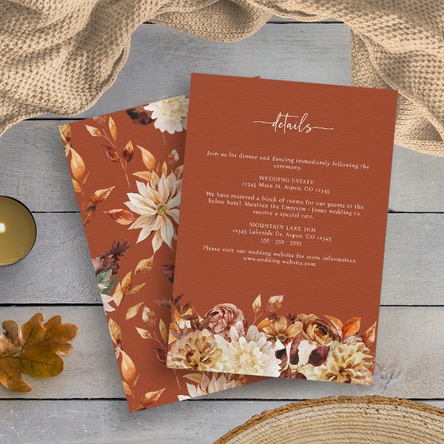 Cartão De Informações Casamento outono Terracotta (Elegant Terracotta Fall Leaves Wedding Enclosure Card by Painted Paperie)
