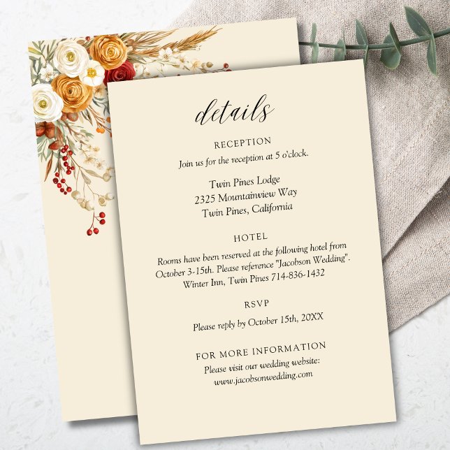 Cartão De Informações Casamento outono Terracotta Rust Boho Personalizáv (Criador carregado)