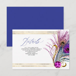 Cartão De Informações Casamento Pluma de Pavão Azul Roxo Dourado Brilhan