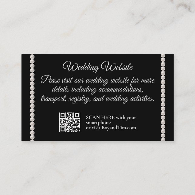 Cartão De Informações Casamento Preto e Branco com Pérolas (Frente)