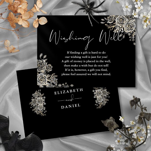 Cartão De Informações Casamento Preto e Branco com Poço de Desejos Flora (Black And White Gothic Floral Wishing Well Wedding Enclosure Card)