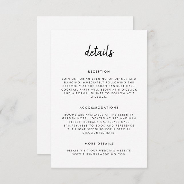Cartão De Informações Casamento Preto e Branco com Script Simples Modern (Frente/Verso)