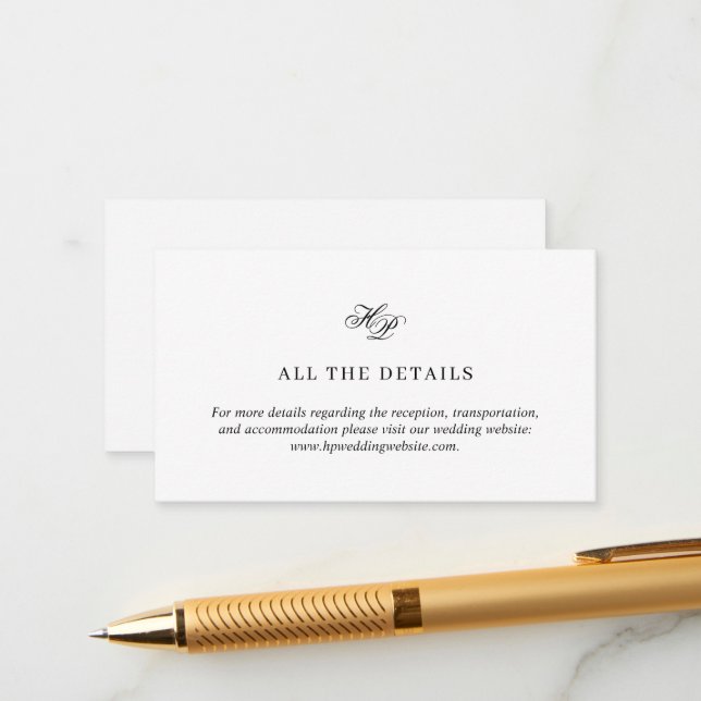 Cartão De Informações Casamento preto e branco do Monograma de Script El (Frente/Verso In Situ)