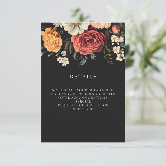 Cartão De Informações Casamento Preto Floral Escuro + Elegante Moody (Em pé/Frente)